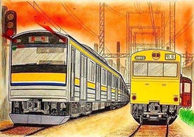 ガン神様しひろ しひろ イラストコレクション 鉄道イラスト 鉄道車両 描き鉄 Jrの通勤電車 直流通勤電車 Jr東日本 鶴見線 夕焼け工業地帯 5系 103系 旧型電車 とのすれ違い T Co Tflnboh2ph Twitter