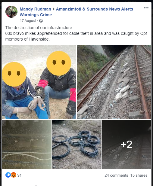 Three copper thieves in Havenside suddenly became Zimbabweans after Gwala reposted an earlier post to an Amanzimtoti & Surrounds community Facebook group.The original post made no mention of nationality, but Gwala did.