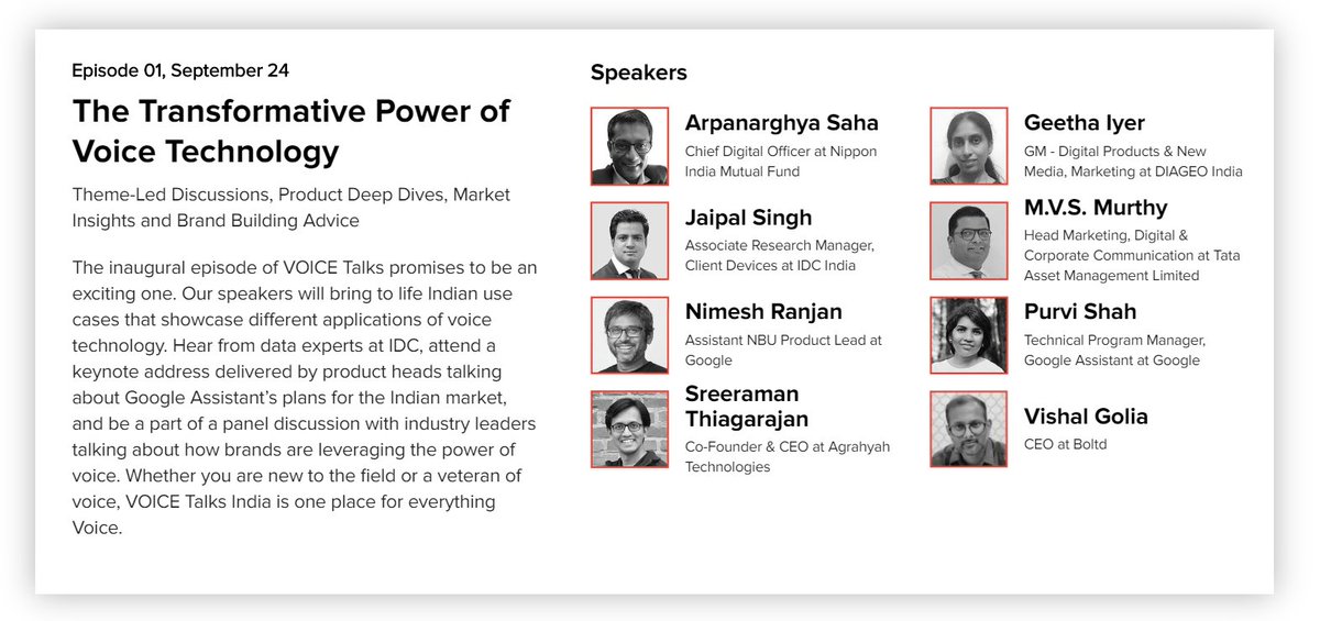 AbhishekDoshi26's tweet image. Here&apos;s the speaker list for today&apos;s episode of #VoiceTalksIndia 
If you still haven&apos;t registered, register yourself soon! voicesummit.ai/talks/india