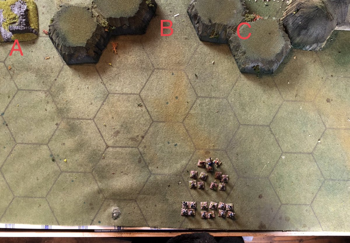 A. Move to the left, disregarding the ridge and passing through the gate into the cultivated field beyond. B. Pass straight the cut in the middle - the fastest route.C. Mount the heights on the right, using the rifles to scout. Safer, but slower.  #LLLwargame