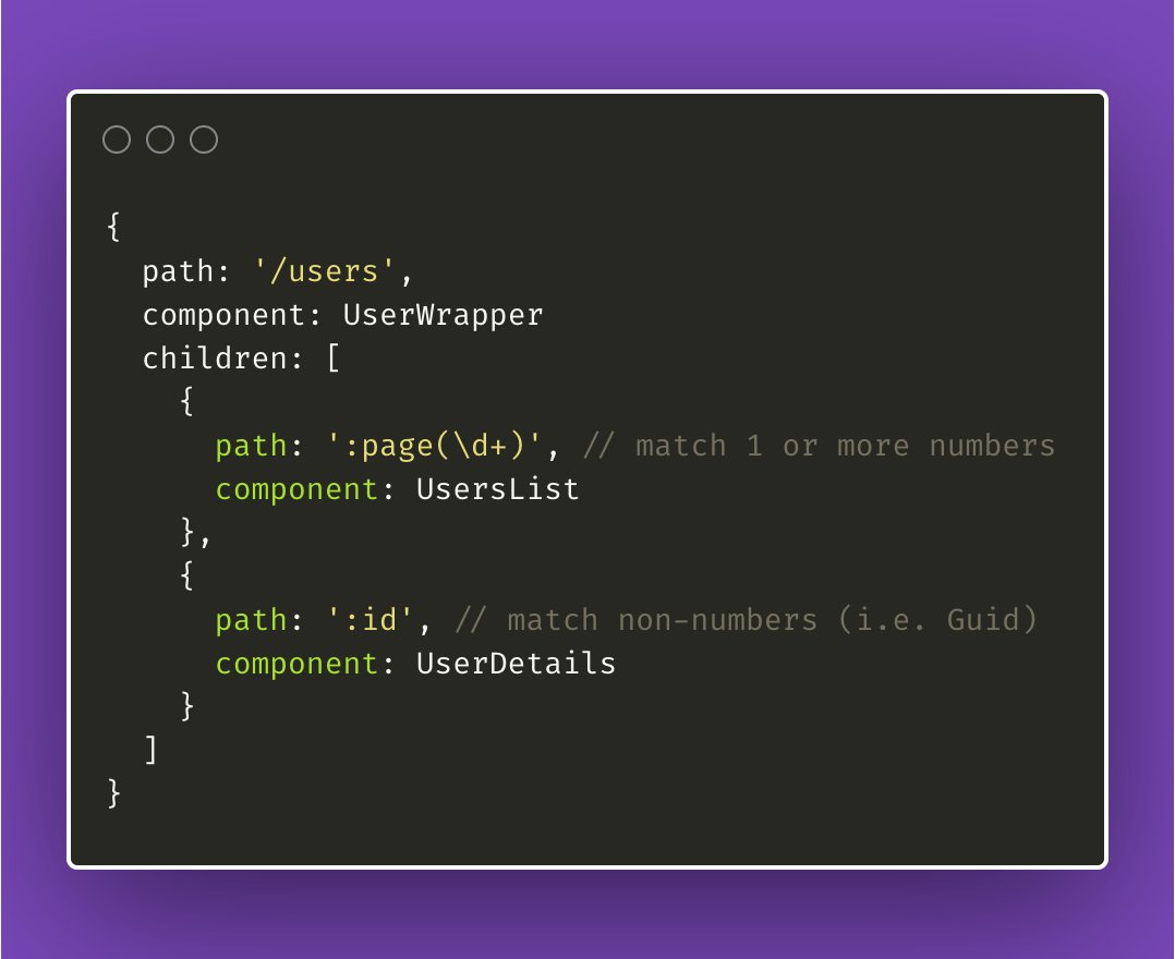 stuartashworth9's tweet image. Vue.js tip: If you want to add some validation to route params or clear up ambiguous routes, you can add a regex to ensure it only matches what you want (e.g. numbers only, guid pattern etc). A useful wee trick! stuartashworth.com/blog/defining-… #javascript #vuejstips #VueJS #FrontEnd