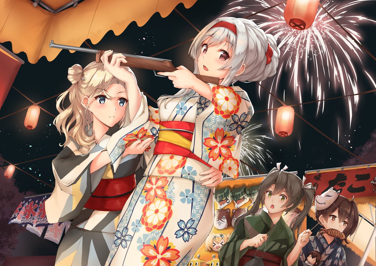 hornet (kancolle) ,kaga (kancolle) ,shoukaku (kancolle) ,zuikaku (kancolle) japanese clothes multiple girls kimono mask yukata floral print long hair  illustration images