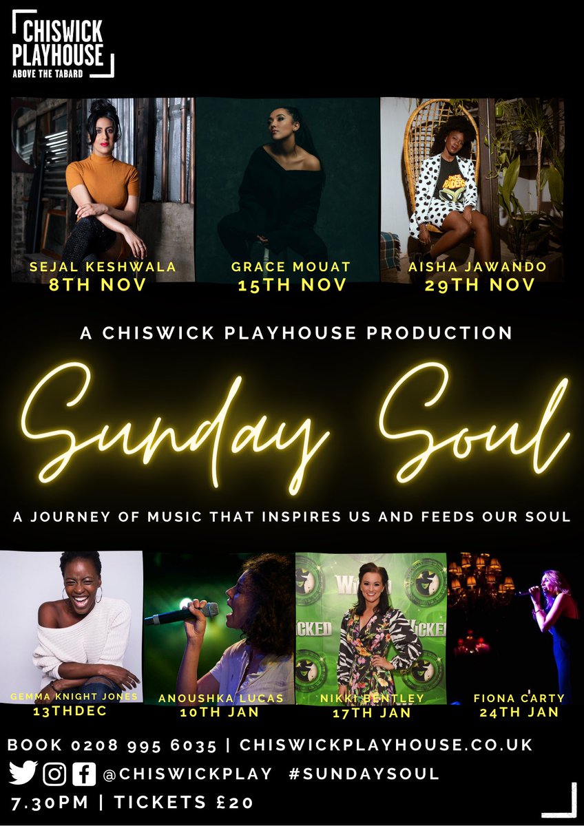 We are BACK and with a brand new concert series. 

Introducing Sunday Soul, taking west end stars and exploring music that feeds their soul with musical direction from <a href="/TamaraSaringer/">Tamara Saringer</a>
 
Limited tickets available. 

Book chiswickplayhouse.co.uk