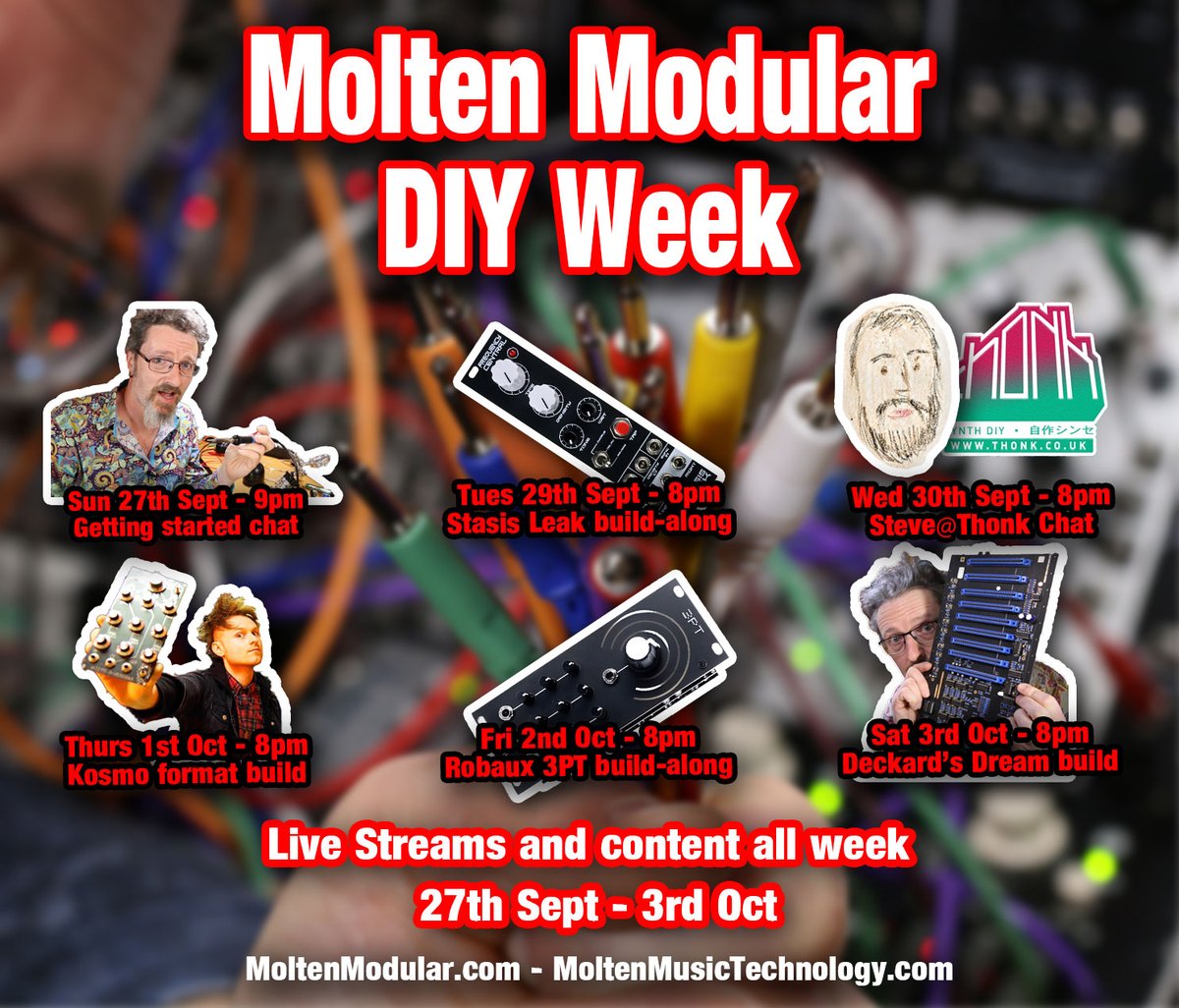 MoltenMusicTech's tweet photo. My Modular DIY Week Schedule is here! Kicking off this Sunday at 9pm BST with a chat about getting started. Bring a soldering iron. Should be fun! #eurorackdiy #modular #deckardsdream #kosmo @thonk_synth #frequencycentral #robaux https://t.co/mwtECQIB2W