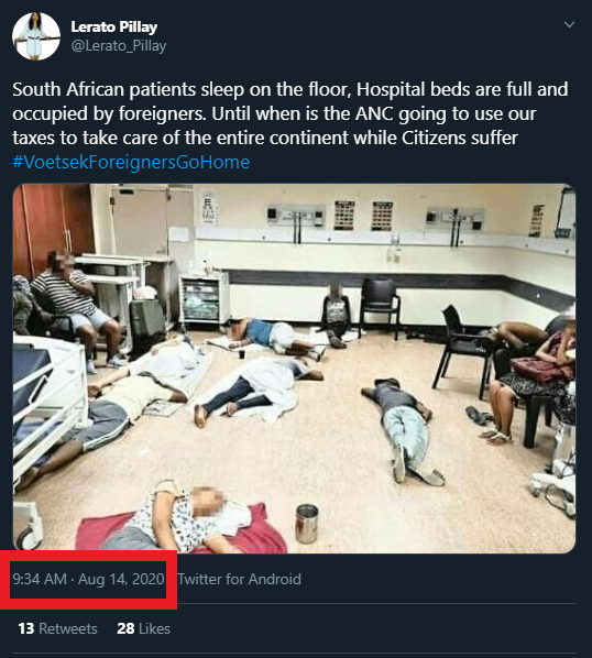 A post by Gwala in August this year claims SA patients need to sleep on the floor as all our beds are occupied by foreigners.He uses an image from a NIGERIAN hospital posted in a Facebook group in April 2019.