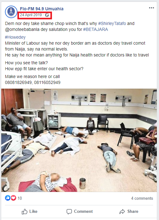 A post by Gwala in August this year claims SA patients need to sleep on the floor as all our beds are occupied by foreigners.He uses an image from a NIGERIAN hospital posted in a Facebook group in April 2019.