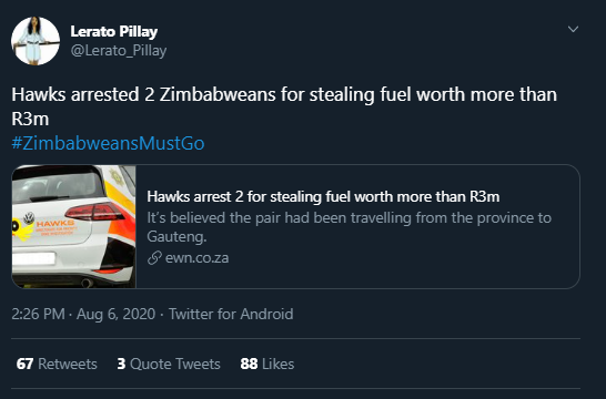 Even when he uses legitimate South African news sites as his sources, he finds old articles about foreign nationals and posts it as "fresh" news."Church goers" attacking the JMPD suddenly become "Zimbabweans" in a tweet which he deleted after being called out.