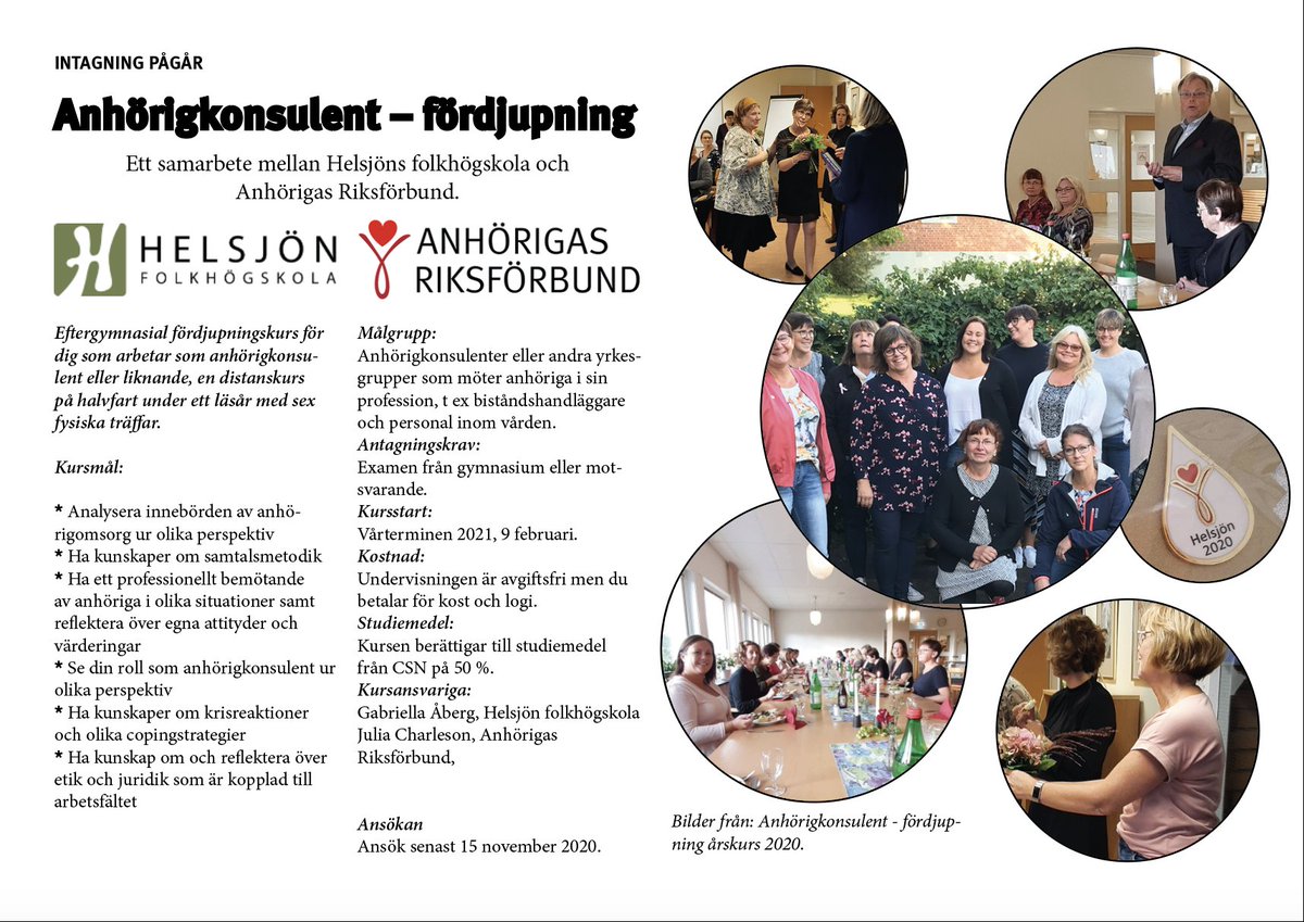 INTAGNING PÅGÅR - Anhörigkonsulent - fördjupning. Ett samarbete mellan Anhörigas Riksförbund och Helwjöns folkhögskola.