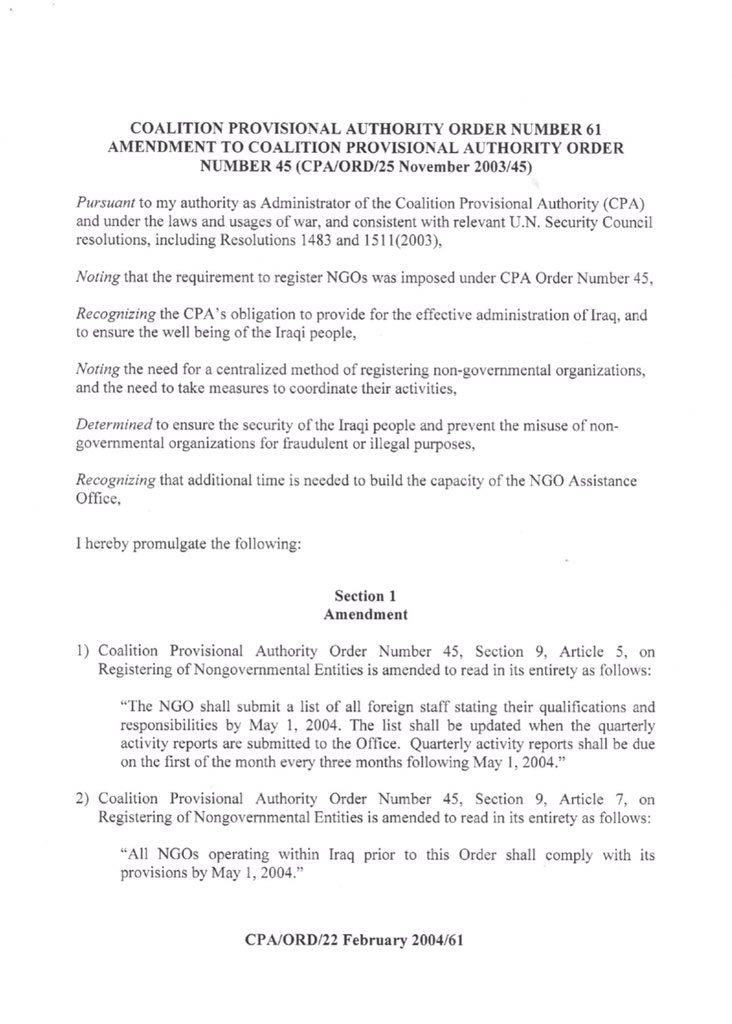 AmaGiIQ's tweet photo. 100 Orders in 100 days. #PaulBremer is amending #CPAOrder45, section 9, by extending its due date from 23rd of Feb to 1st of May. Because, when you’re busy killing Iraqi civilians, you don’t have time for paperwork.
#CPAOrders
#CPAOrder61
#Day62
#unalienableRights
#Ama_gi
#بريمر https://t.co/oUAYhKvlfW