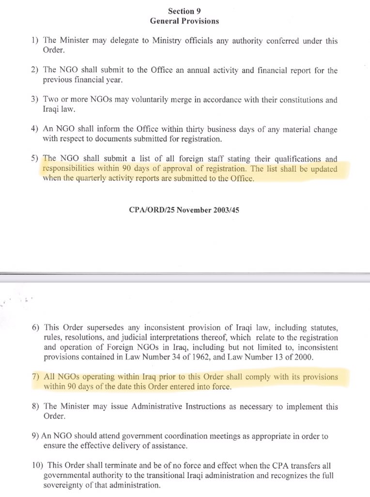 AmaGiIQ's tweet photo. 100 Orders in 100 days. #PaulBremer is amending #CPAOrder45, section 9, by extending its due date from 23rd of Feb to 1st of May. Because, when you’re busy killing Iraqi civilians, you don’t have time for paperwork.
#CPAOrders
#CPAOrder61
#Day62
#unalienableRights
#Ama_gi
#بريمر https://t.co/oUAYhKvlfW