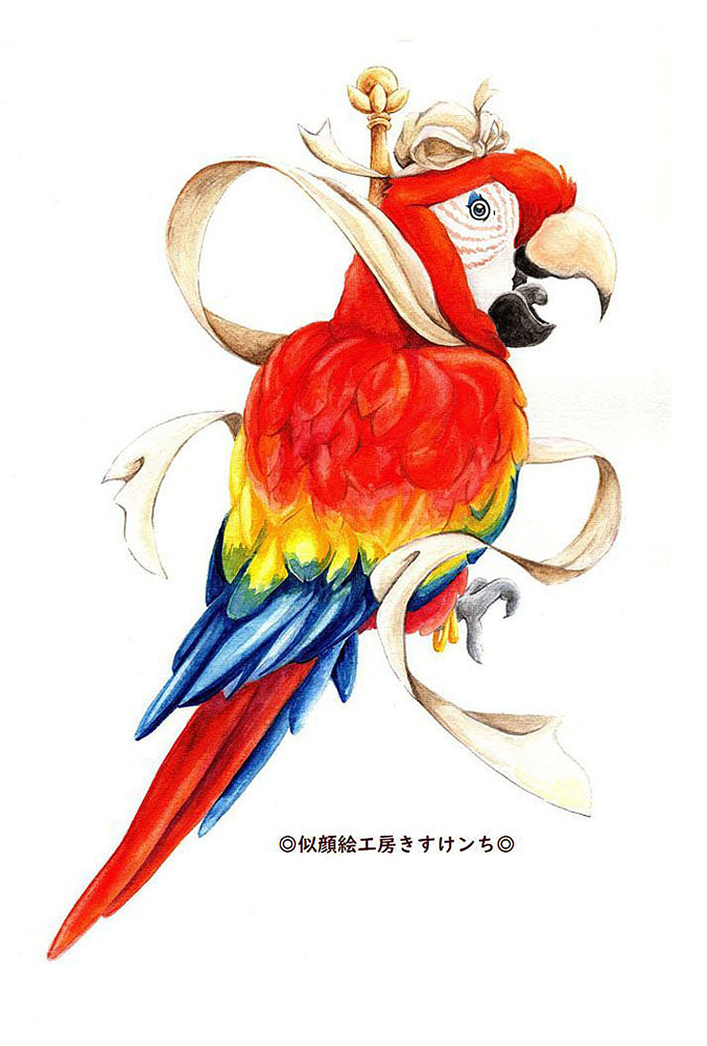 オウム絵画赤コンゴウインコ鳥水彩アートワークオリジナル壁
