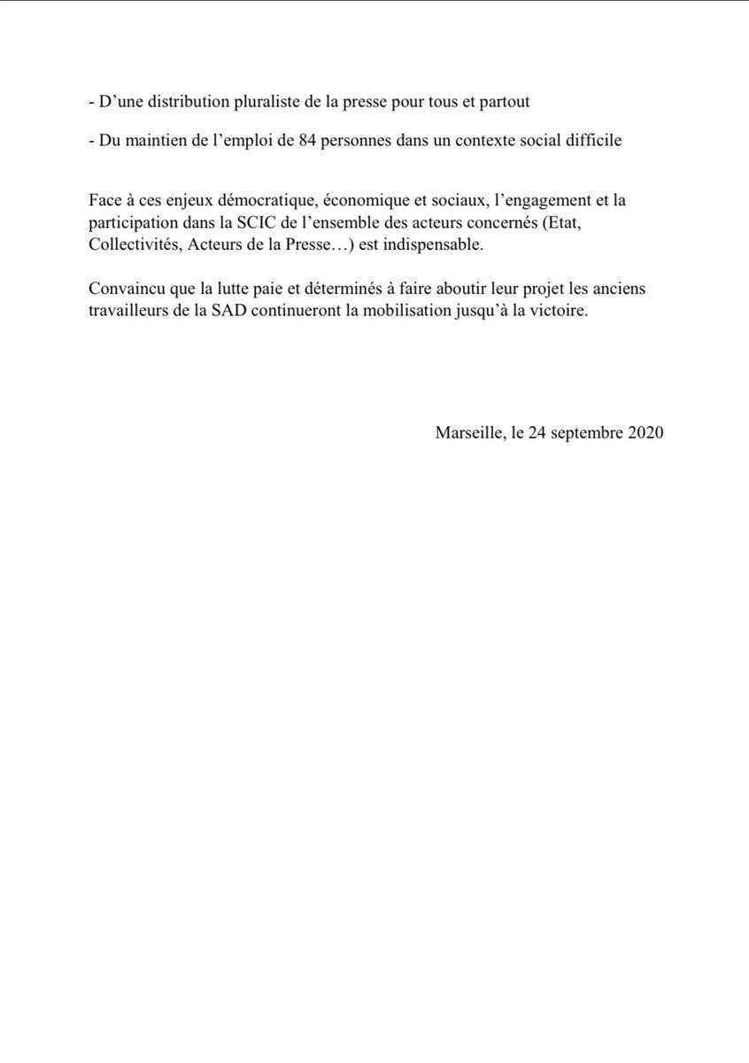 Communiqué de la CGT SAD Marseille sur la reprise de la distribution de la presse à Marseille <a href="/SGLCE_CGT/">Syndicat général Livre et Communication écrite CGT</a> <a href="/MLP_messagerie/">MLP Presse</a> <a href="/FMessagerie/">Messagerie fateh</a> <a href="/UDCGT13/">UD CGT 13</a> <a href="/MediasFrance/">Médias France</a> <a href="/presse_papiers/">Presse-Papiers</a>