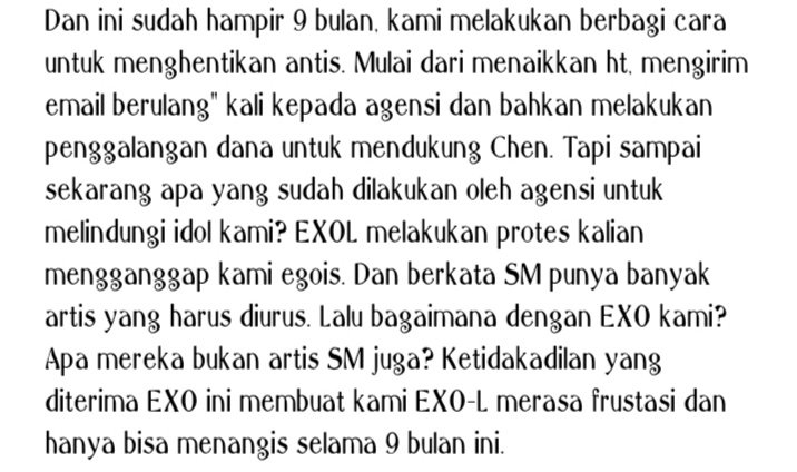 Nanannieee's tweet photo. DEAR KALIAN YANG NGATAIN EXO-L KARENA SERING PROTES KE SM..
SILAKAN BACA THREAD INI

ERI BANTU RT YA! 

#SMTreatEXOBetter
#EXOLEAVESM https://t.co/LFBnho0lGz