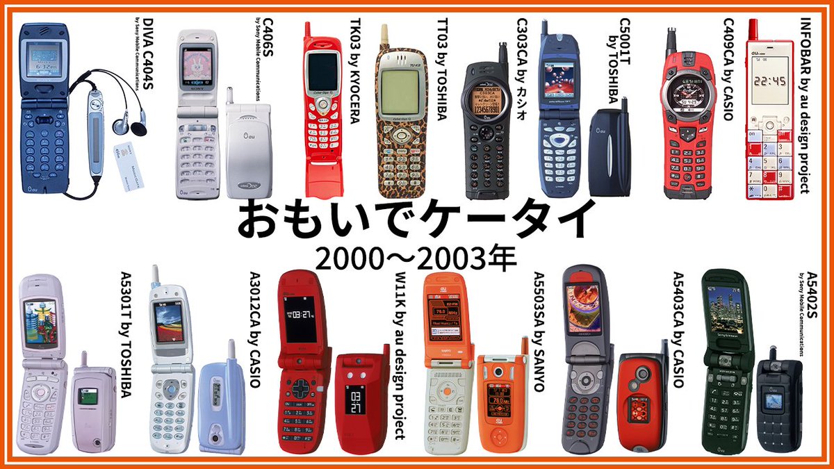 ㊗️#au20周年 #おもいでケータイ】 2000年にauが爆誕🎉 折りたたみが主流になり、カメラに機能もたくさんな2000年～2003年に発売された ケータイたち🙌 ケータイで写真を撮ってメールで送るから｢#写メ｣なのに、スマホで写真を撮るときに｢写メ｣って言っちゃいます🥴
