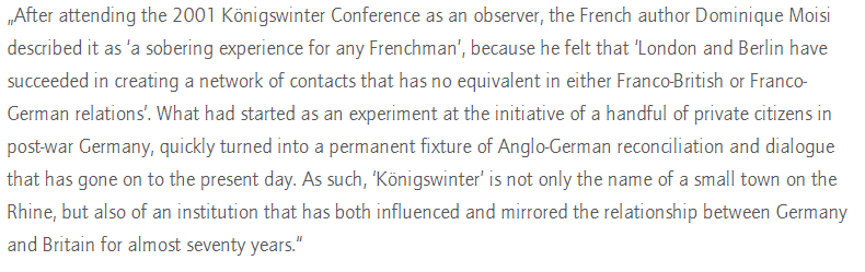 Finally, if you are interested in  #Königswinter, read this great history by  @HeleneBismarck looking back at the past 70 years of this informal British-German exchange: https://www.debrige.de/2019/04/01/now-published-two-countries-in-search-of-their-role-a-history-of-the-anglo-german-koenigswinter-conferences-by-helene-von-bismarck/