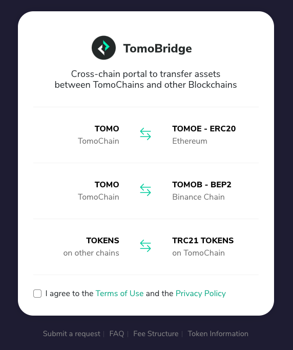 BuildOnViction's tweet photo. 1/ TomoBridge has upgraded to expand the utility of the TomoChain blockchain by enabling cross-chain #DeFi participation
TomoBridge v1.1.0 now supports swapping $TOMO to/from Binance Chain and Ethereum; &amp; tokens on other chains to/from TomoChain tokens from a single web interface https://t.co/F0CJGp0Zsc