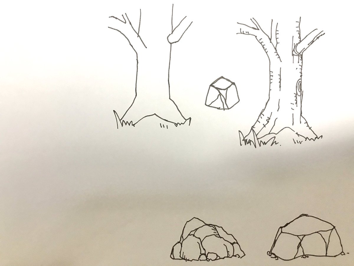 学生の課題添削中〜画像のように木もディテール描いたらそれっぽくなるよと説明したらちゃんと描いてくれた人多かったので良かった。僕の絵はドラゴンボールの背景同人誌でよく描いてたからペン画いきなりだけどそれっぽくはなる
