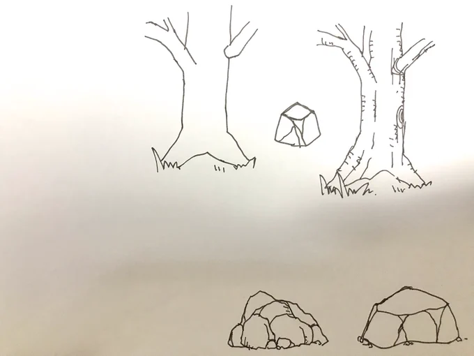 学生の課題添削中〜画像のように木もディテール描いたらそれっぽくなるよと説明したらちゃんと描いてくれた人多かったので良かった。僕の絵はドラゴンボールの背景同人誌でよく描いてたからペン画いきなりだけどそれっぽくはなる 
