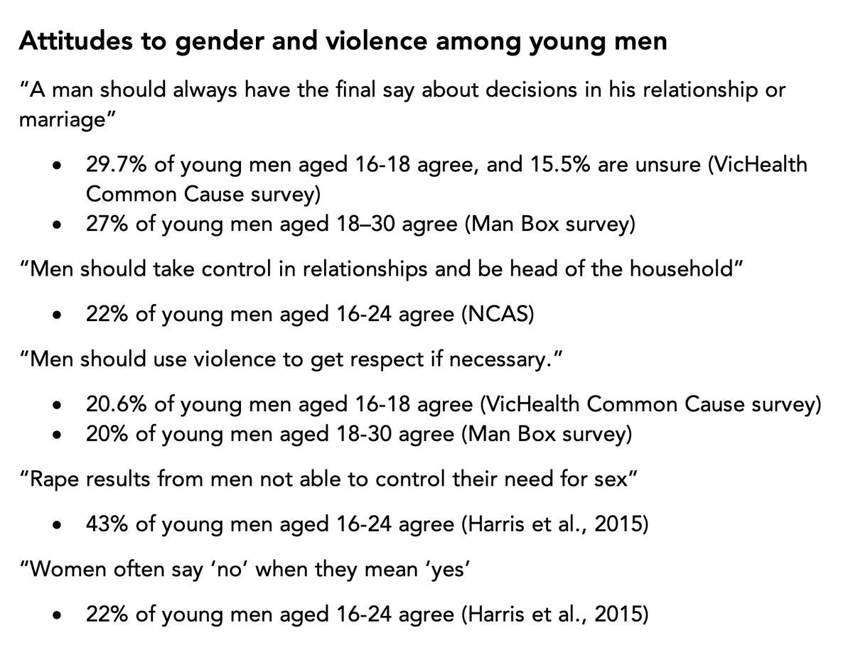 These boys’ attitudes and behaviours are sustained by *wider social norms and inequalities*. Large proportions of young men endorse the ideas that men should be dominant in relationships, men should use violence to get respect, and women often say ‘no’ when they mean ‘yes’. 5/8