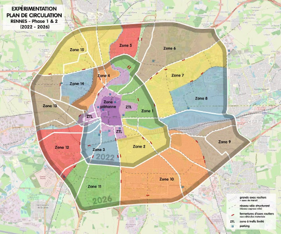 Elle consiste à terme à diviser Rennes en pas moins de 17 secteurs (différenciés en couleur sur notre carte), dont un périmètre central à vocation piétonne et une large zone à trafic limité (ZTL), elle-même divisée en quatre parties, et enfin 15 secteurs périphériques.