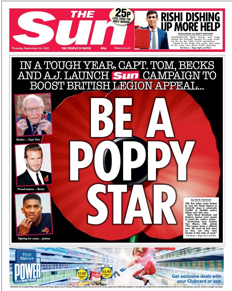 Fantastic campaign on the front page of The Sun today urging readers to donate online to the poppy appeal. Poppy sales are down this year because over 1/4 of elderly sellers are classed as vulnerable. Hoping this will help make up the shortfall!