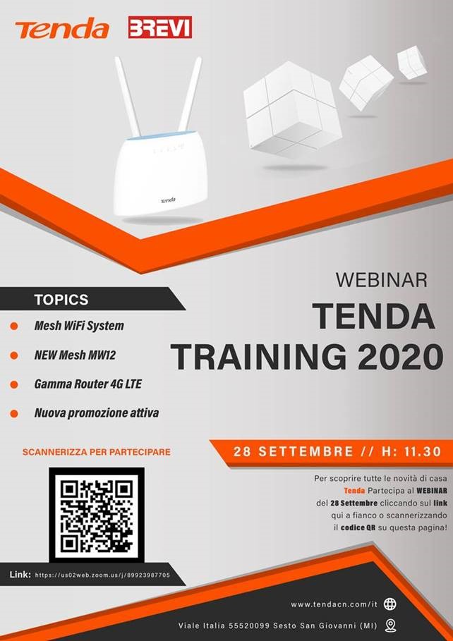 LUNEDÌ 28 SETTEMBRE ORE 11: SCOPRI TUTTE LE NOVITÀ TENDA IN UN SOLO WEBINAR!
@Tenda, in collaborazione con #BreviSpa e #BreviAcademy, ti propone un webinar esclusivo con focus  su Mesh WiFi System, New Mesh MW12 e sulle promozioni in corso. Ti aspettiamo: bit.ly/33PsWl9