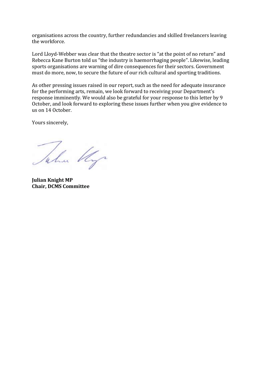 Culture, Media and Sport Committee (@commonscms) on Twitter photo Chair <a href="/JulianKnight15/">Julian Knight</a> has written to <a href="/RishiSunak/">Rishi Sunak</a> urging immediate action to enable the cultural & sporting sectors to recover from Covid-19.
We're calling for a Stage 5 reopening date, sector-specific schemes & sector engagement about mass testing.
More: committees.parliament.uk/committee/378/… Chair <a href="/JulianKnight15/">Julian Knight</a> has written to <a href="/RishiSunak/">Rishi Sunak</a> urging immediate action to enable the cultural & sporting sectors to recover from Covid-19.
We're calling for a Stage 5 reopening date, sector-specific schemes & sector engagement about mass testing.
More: committees.parliament.uk/committee/378/…