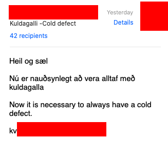 Mikilvægt mail frá leikskólanum í gær. Margir að gleyma cold defectinum heima þessa dagana.