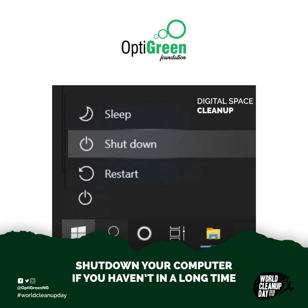 Still on #CleanupYourSpace...  

When last did you shut down your computer?

Another simple thing you can do to clean up your digital space is SHUT DOWN your computer.

#environmentalsustainability