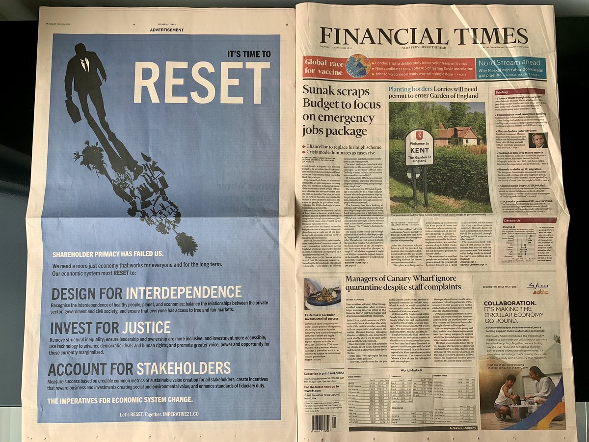 BCorpUK's tweet image. Our economic system must RESET to: 

- Design for interdependence
- Invest for justice
- Account for stakeholders

#Imperative21 in today’s @FT - find out more at imperative21.co #letsreset