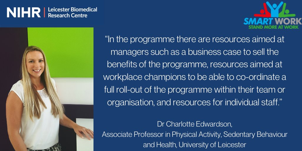 LeicesterBRC's tweet image. The SMART Work programme was developed to help people #SitLess and #MoveMore at work. Read about the research behind it and more on the programme here: leicesterbrc.nihr.ac.uk/the-science-be…

#OnYourFeetBritain #OYF2020