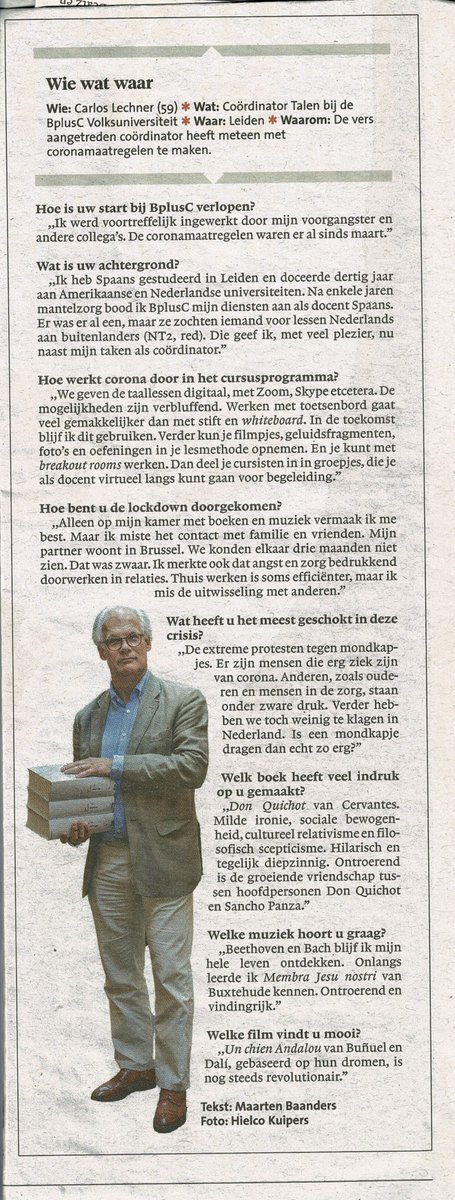 BplusC's tweet image. Hebben jullie al kennis gemaakt met Carlos Lechner?👋 Onze nieuwe coördinator Talen bij de #BplusC Volksuniversiteit! Hij staat meteen voor ‘n uitdaging: de omschakeling naar digitaal lesaanbod. Zo kunnen taallessen toch doorgang vinden tijdens de #coronacrisis. @leidschdagblad