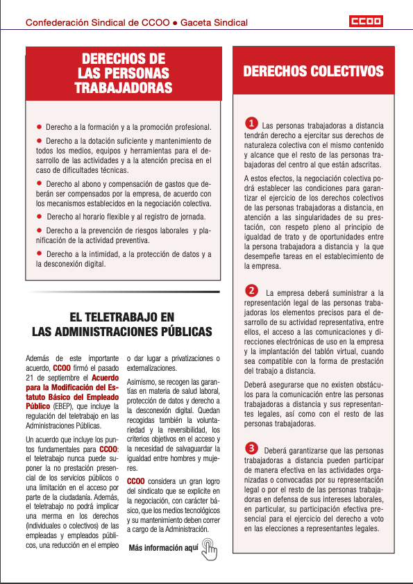 #GacetaSindical, en el que se informa del acuerdo alcanzado en la mesa de diálogo social (y aprobado por el Gobierno a través de un Real Decreto-Ley), que regula importantes cuestiones relacionadas con el trabajo a distancia y el #teletrabajo.
 ccoo.es/5f917fc8363287…