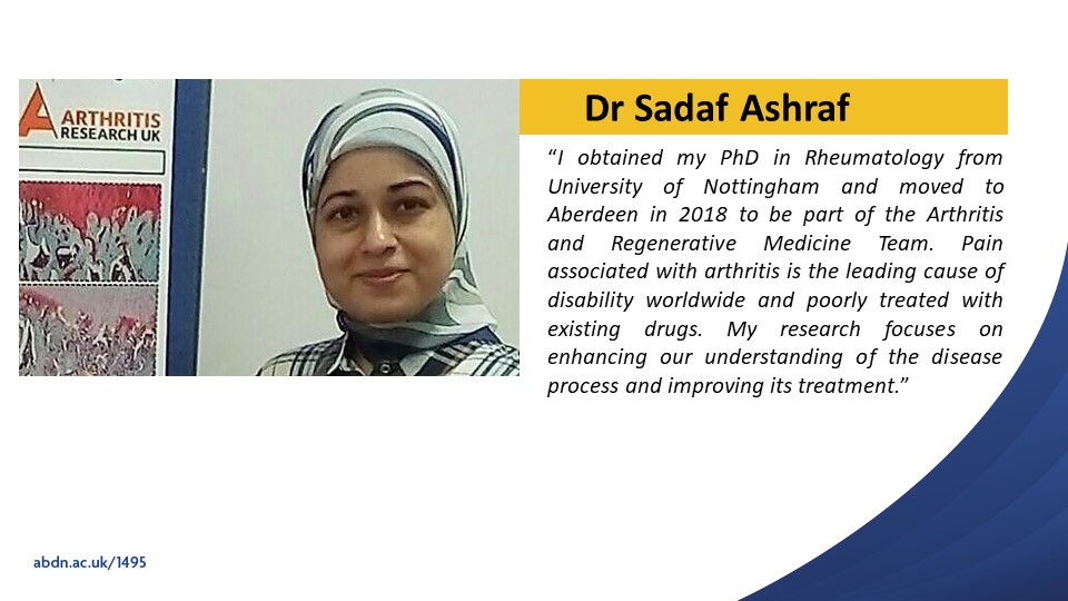nvisionabdn's tweet photo. Meet Dr Sadaf Ashraf @SadafAshraf15! She is a key member of Nvision and @IdeallGroup. Sadaf´s ambition is to understand the process of pain associated with arthritis in order to improve its treatment 
@aberdeenuni_smd @aberdeenuni #NPAW2020 #LovePostdocs https://t.co/G92FHET2rE