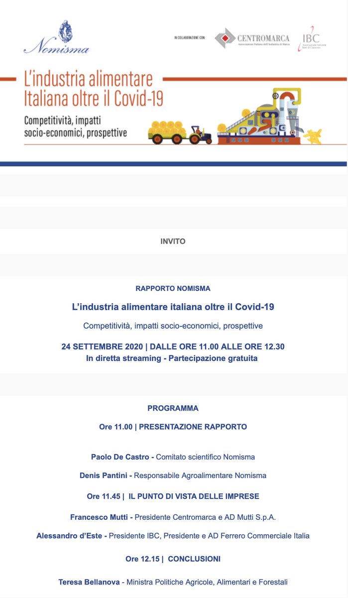 Tra poco parteciperò alla presentazione del rapporto di #Nomisma “L’industria alimentare italiana oltre il #Covid-19” L’iniziativa sarà in diretta streaming. Seguitemi!