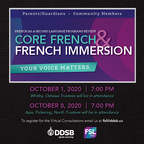 The FSL Programs Review virtual consultations will be on Oct 1 &amp; 8. We're looking forward to hearing from school communities as we strive to enhance Core French &amp; French Immersion programming. Email fsl@ddsb.ca to register &amp; indicate what consultation you wish to attend.<a href="/FSLDDSB/">FSL@DDSB</a>