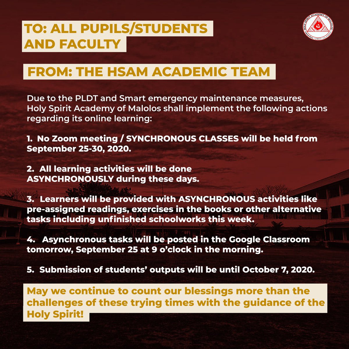 col_hsam's tweet photo. HSAM Advisory 
(*From the Official FB page of Holy Spirit Academy of Malolos)

Source: https://t.co/alSfUSTn86 https://t.co/U2igMSIlfB