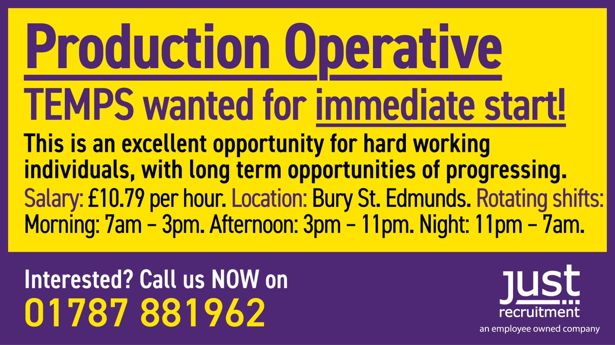 JRGLtd's tweet photo. #Production #Operatives wanted in #burystedmunds.

Interested? Call 01787 881962.

#productionoperative #productionoperatives #operative #production #temp #tempjob #temps #Suffolk #stowmarket #Ipswich #longtermwork #jobsearch #jobhunt #jobhunting #jobfairy #JobVacancy #Jobs https://t.co/AAV5JCZHLj