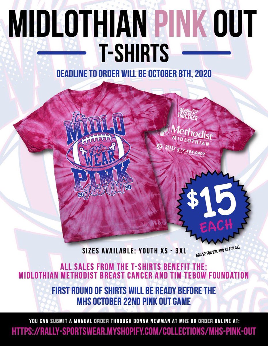 MidlothianCheer's tweet image. MHS Pink Out ~ Oct. 22. Get your shirt at Rally Sportswear. 

Deadline is Oct. 8!