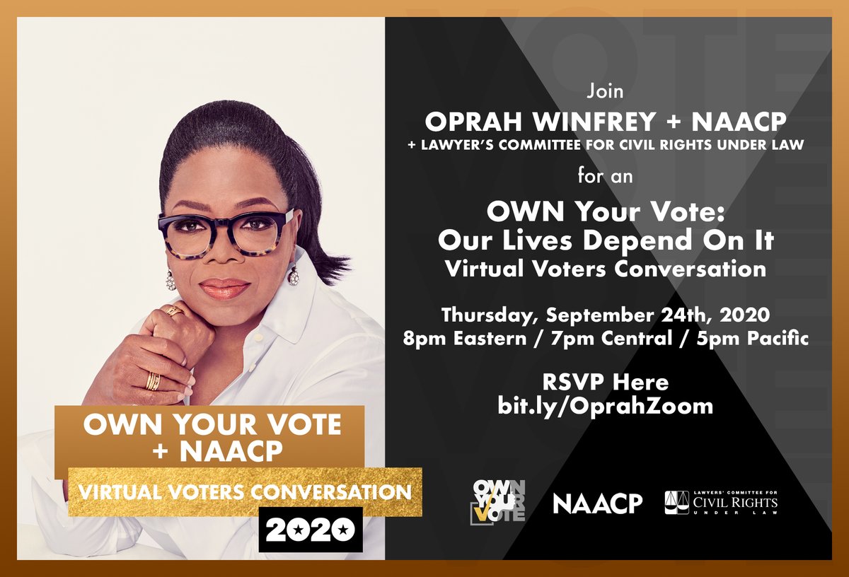 LawyersComm's tweet photo. 📌 Don't miss #OWNYourVote: Our Lives Depend On it,  tonight at 8pm est.

We're proud to partner with @Oprah and @OwnVote for this very important event. Our votes matter and our democracy is on the line.

Register here: https://t.co/ICLnjVyKXs https://t.co/wscxrgYt4m