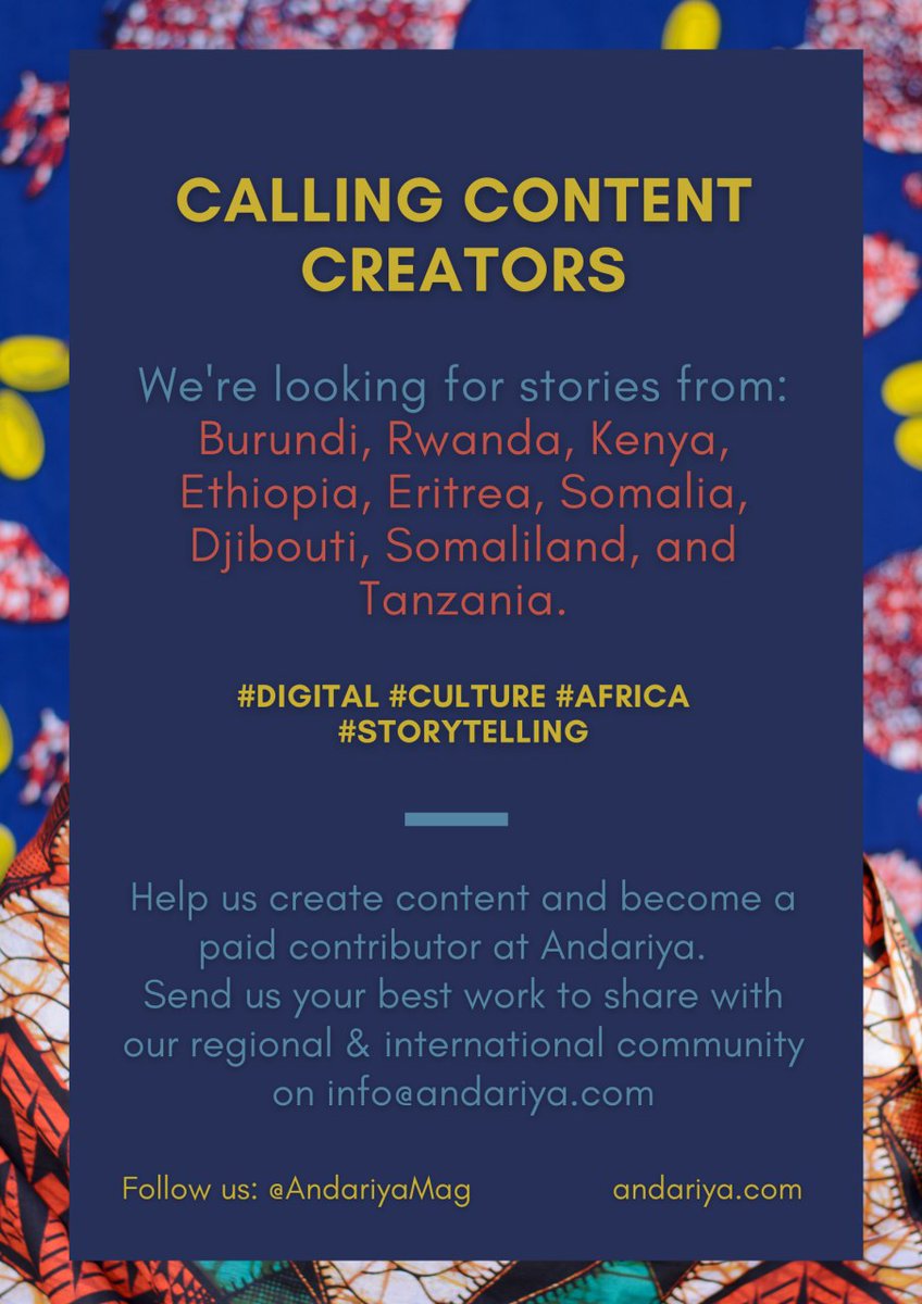 #Opencall for #ContentCreators
Andariya is looking to expand its stories from #EastAfrica
Send us your best work and inspire us to publish it on Andariya. 
#travelwriters #bloggers #foodcritics #vloggers #influencers #graphicdesigners #videoproducers #translators