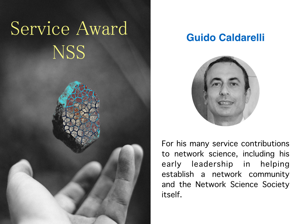 A much deserved Service Award of the <a href="/netscisociety/">Network Science Society</a>
 goes to Prof. <a href="/GuidoCaldarelli/">Guido Caldarelli 贵多</a>,  Congrats Guido! <a href="/netsci2020/">NetSci MMXX</a>