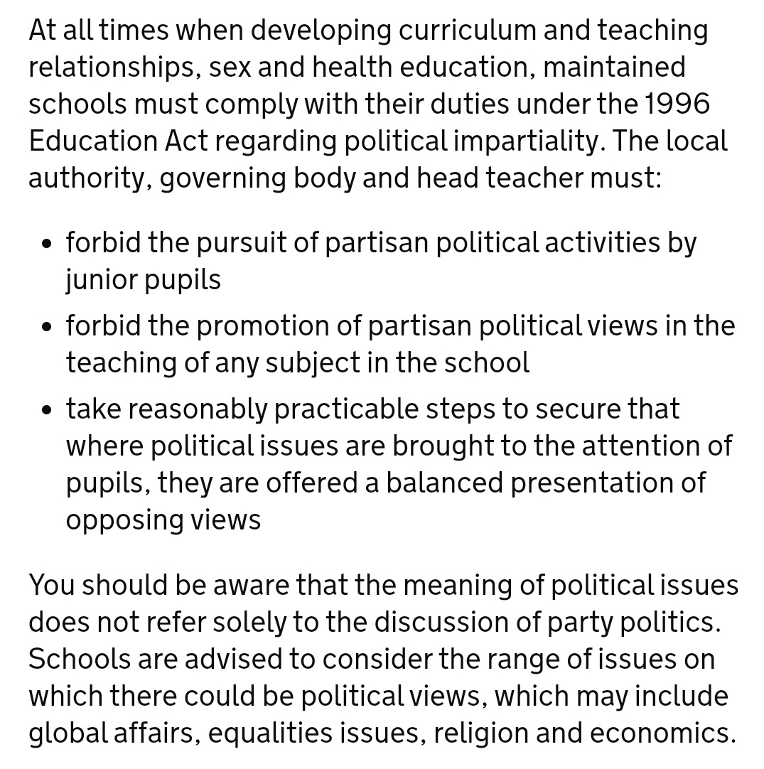 An interesting development has largely gone unnoticed today.  @educationgovuk has issued guidance for Relationship & Sex Education & used this to remind schools of the need to remain balanced when discussing political views, inc. "global affairs, equalities issues... & economics."