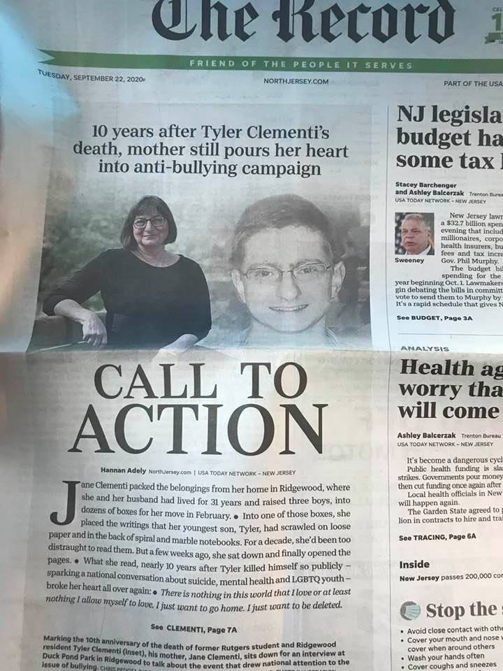A belated thank you to @bedjack for photo & video, to @NorthJersey team who put together this great front page, to editor @anussbaum1 and of course to @ClementiJane and the @TylerClementi for being part of this. Responses have been heartfelt and inspiring.