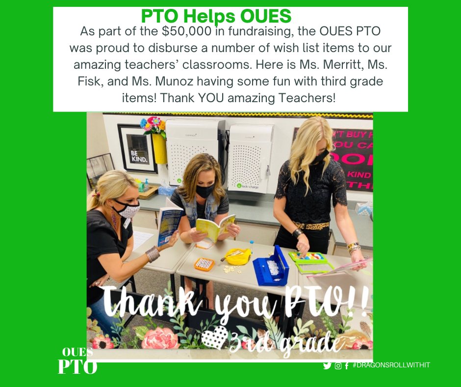 💚PTO Dollars at Work in Third Grade🖤Woot woot! It's third grade's turn!  Look at these fun and awesome teachers showing off some cool school tools! We seriously have the best staff and it is a true joy to be able support them. 📢Enrollment closes Friday!olduniondragons.com