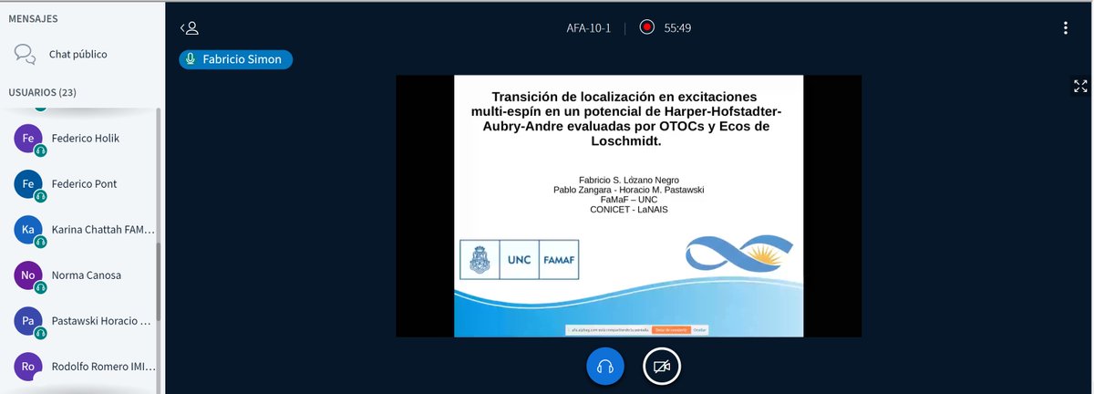 NMRLabCordoba's tweet image. Great presentation today at the 105 AFA meeting by one of our PhD students Fabricio Lozano. #Localization #SpinDynamics #HPC #OTOCs #ManyBodyPhysics