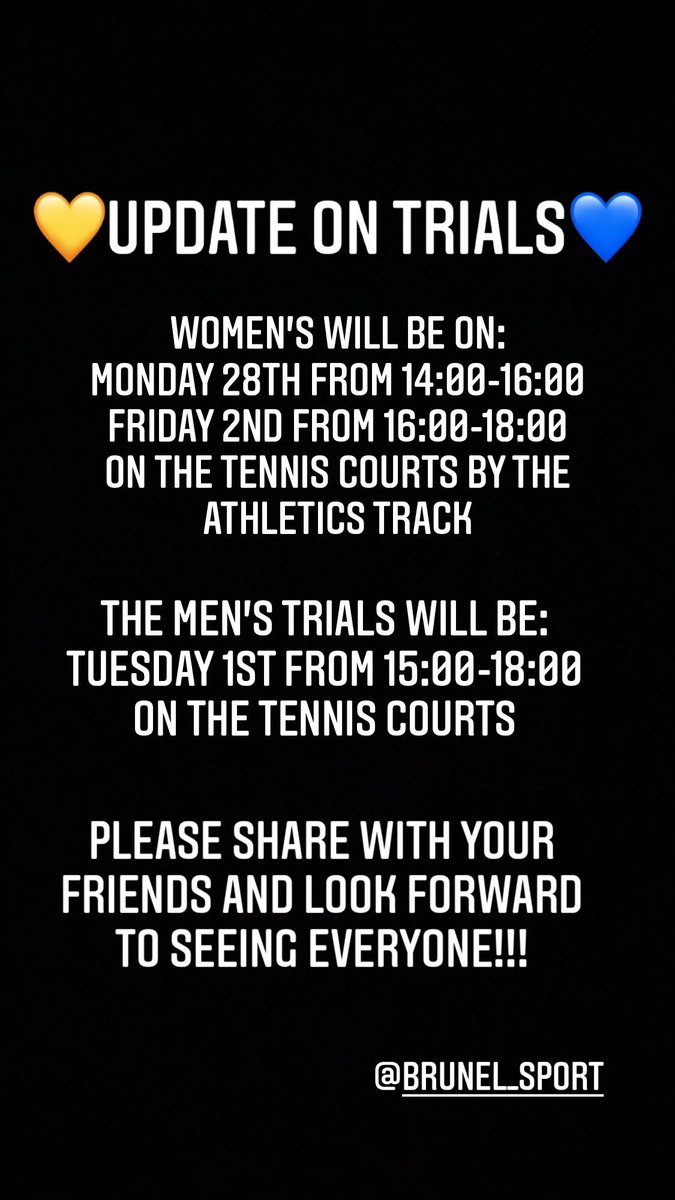 Our updated Trial dates!!! Don’t forget to log in using the Team Brunel App or the link in <a href="/BrunelSport/">Brunel Sport</a> insta page 💛💙 we look forward to seeing everyone!