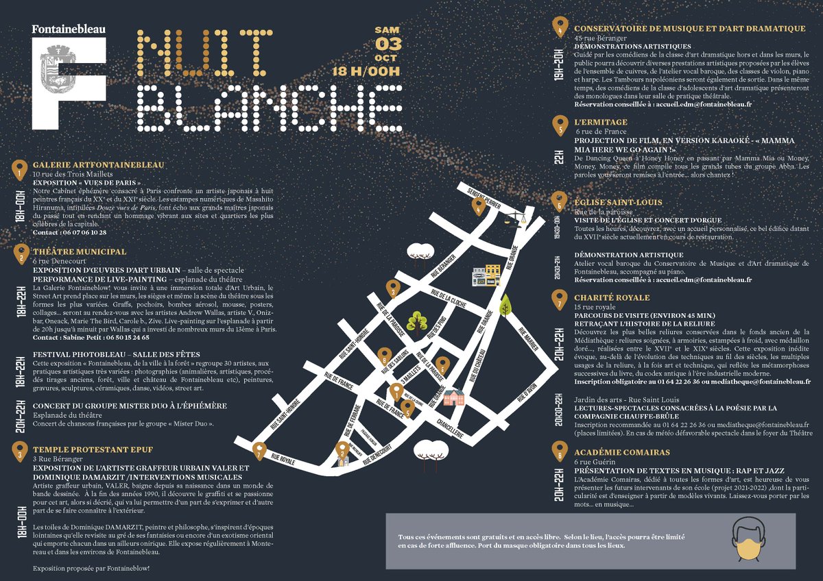 #NuitBlanche
Samedi 3 octobre, la nuit sera blanche à #Fontainebleau ! 
Ce nouvel événement sera l’occasion de découvrir des démonstrations artistiques variées sur plusieurs sites de la ville spécialement ouverts en nocturne.

Découvrez le programme 👇😉