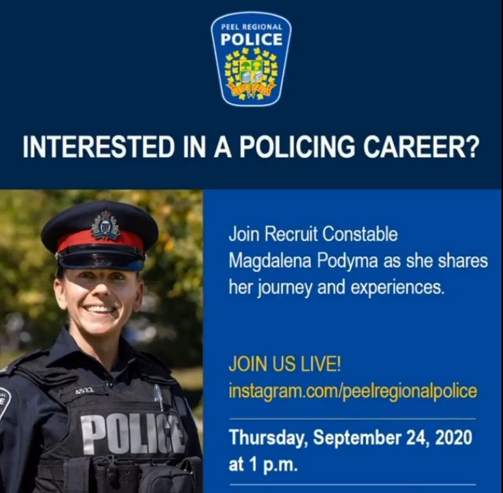PeelPolice's tweet photo. It's happening TODAY, if you're interested in becoming an officer, or you have questions about a career with #PRP? Join us on Instagram Live today 1:00 pm!
#BeAPoliceOfficer #JoinPRP #PeelRecruiting #PeelPolice #Career @PeelRecruiting https://t.co/J4y35a4XZb