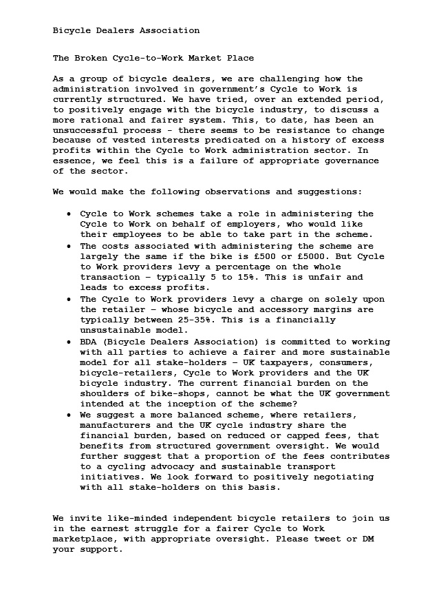 IndependentBic2's tweet image. Bicycle Dealers Association Cycle-to-Work - Position Statement - please tweet or DM your support or questions.